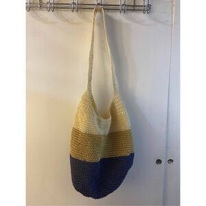 Colorblock blue cream taupe straw beach bag